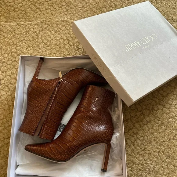 Brown Jimmy Choo Crocodile Embossed Ankle Boots - Picture 2 of 4
